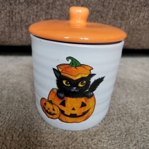 Halloween black cat canister jar with lid cobwebs and cauldrons